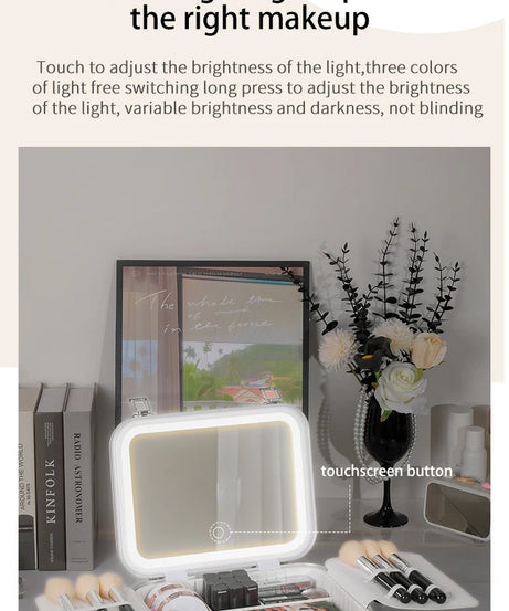 Portable Makeup Organizer Box with LED Light & Mirror – Travel-Friendly Cosmetic Train Case for Brushes box