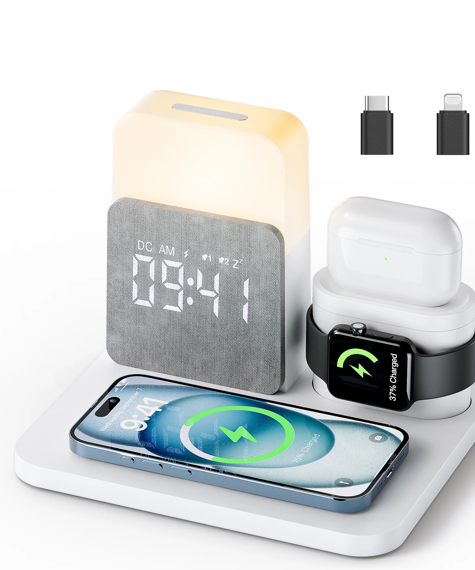 7-in-1 MagSafe Alarm Clock Charger-Wireless Station for iPhone 12-16/Samsung/Xiaomi/Huawei/Apple Watch/AirPods with Night Light