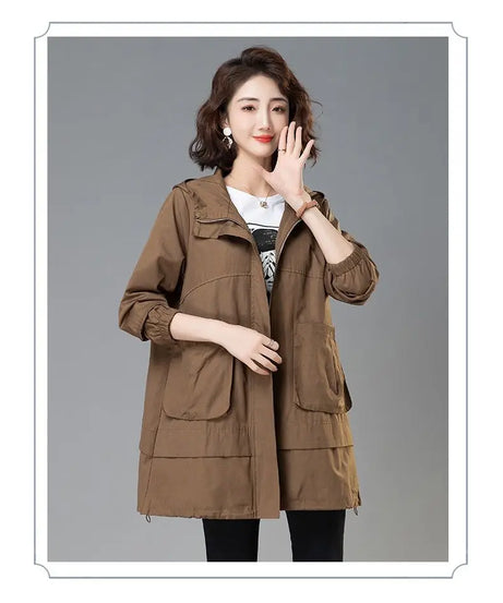 2024 Women Trench Coat With Hooded Tops Autumn New Coat Long-Sleeved Loose Mid-Length Outerwear Female Windbreaker