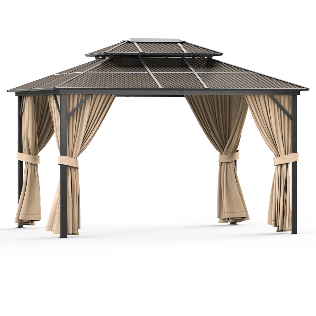 Hardtop Gazebo 10'x13',Double Polycarbonate Sheets Roof,Aluminum Alloy Frame,Net,and Curtain,for Patio Backyard Garden