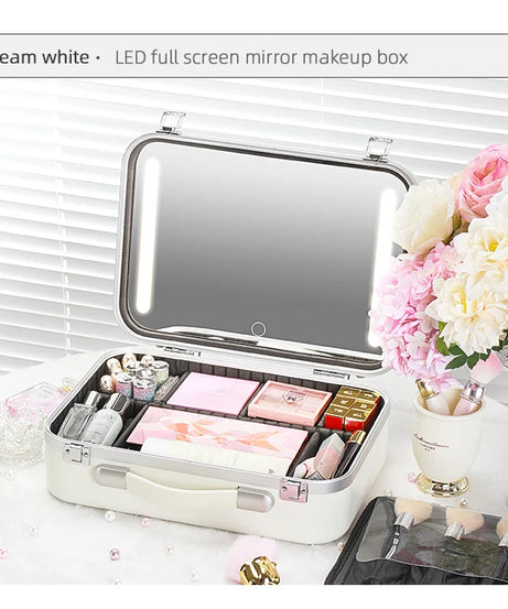 Lighted Makeup Case with Mirror - Portable Travel Makeup Organizer with LED Mirror, 3 Light Settings, Rechargeable Makeup Bag w