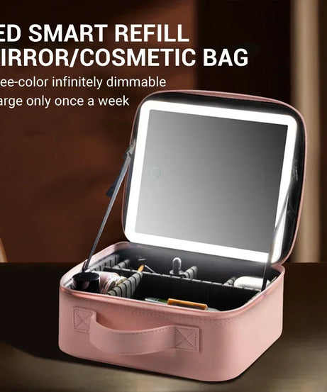 New LED Lighted Cosmetic Case With Mirror PU Leather Portable Travel Makeup Storage Bags Waterproof Travel Makeup Bag