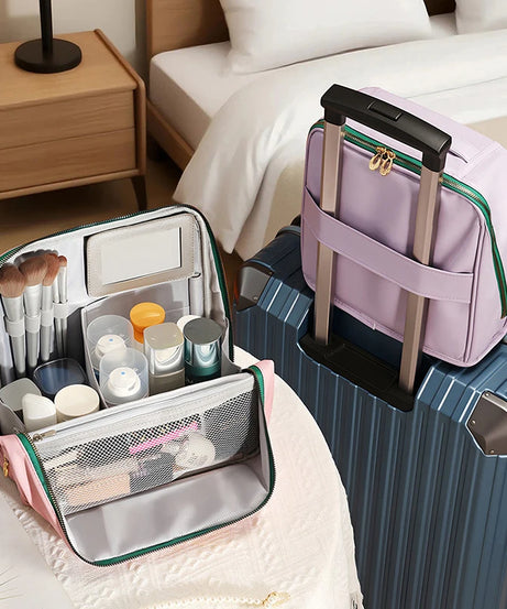 Large-capacity cosmetic bag, convenient and can be hung on a suitcase, travel makeup essential, vertical pencil case storage bag