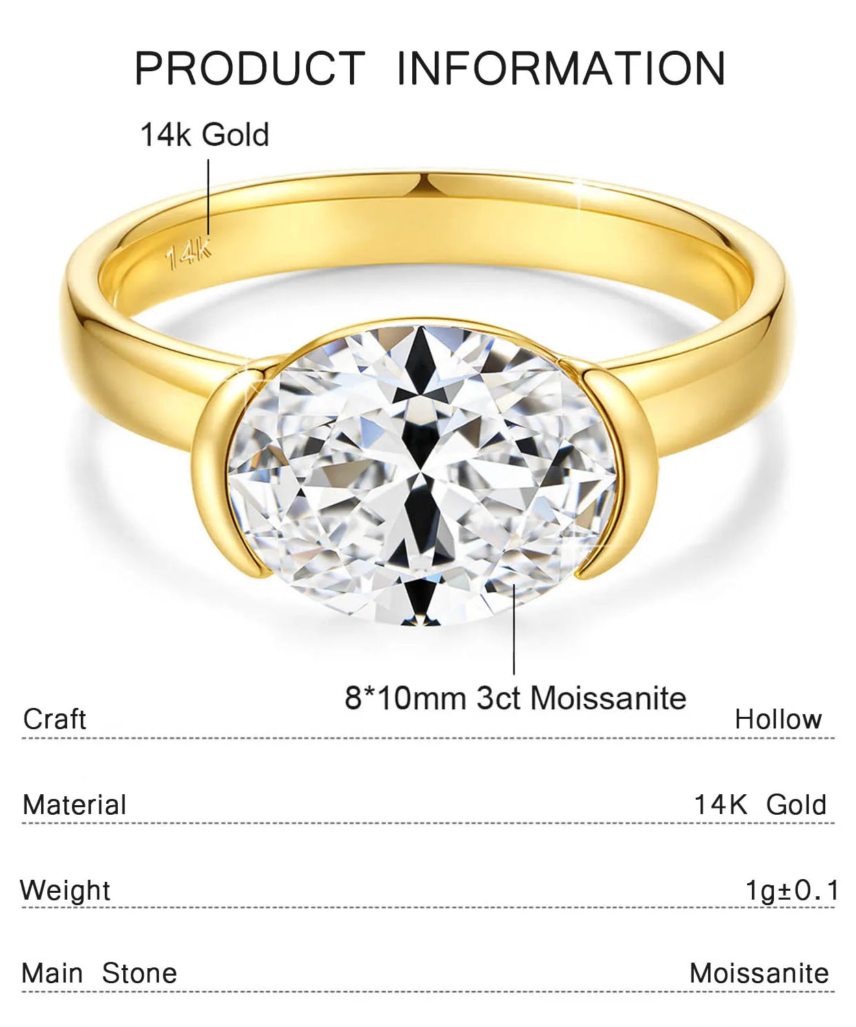 14K Gold Certified Oval Cut Moissanite Ring for Women Lab Created Diamond Engagement Wedding Yuan Bao Ring Jewelry Classic