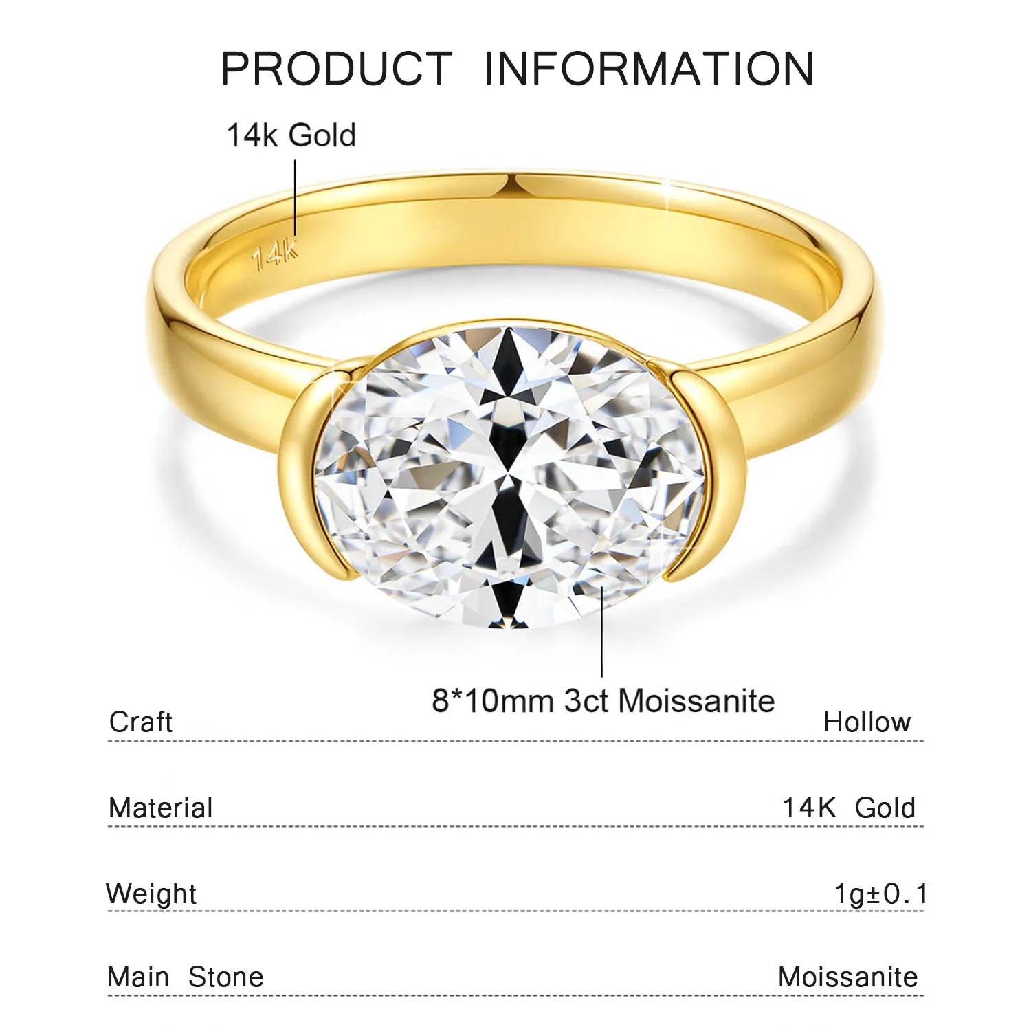14K Gold Certified Oval Cut Moissanite Ring for Women Lab Created Diamond Engagement Wedding Yuan Bao Ring Jewelry Classic