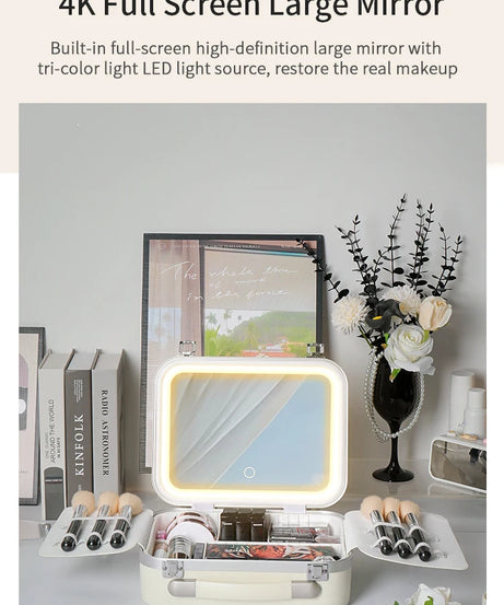 Portable Makeup Organizer Box with LED Light & Mirror – Travel-Friendly Cosmetic Train Case for Brushes box