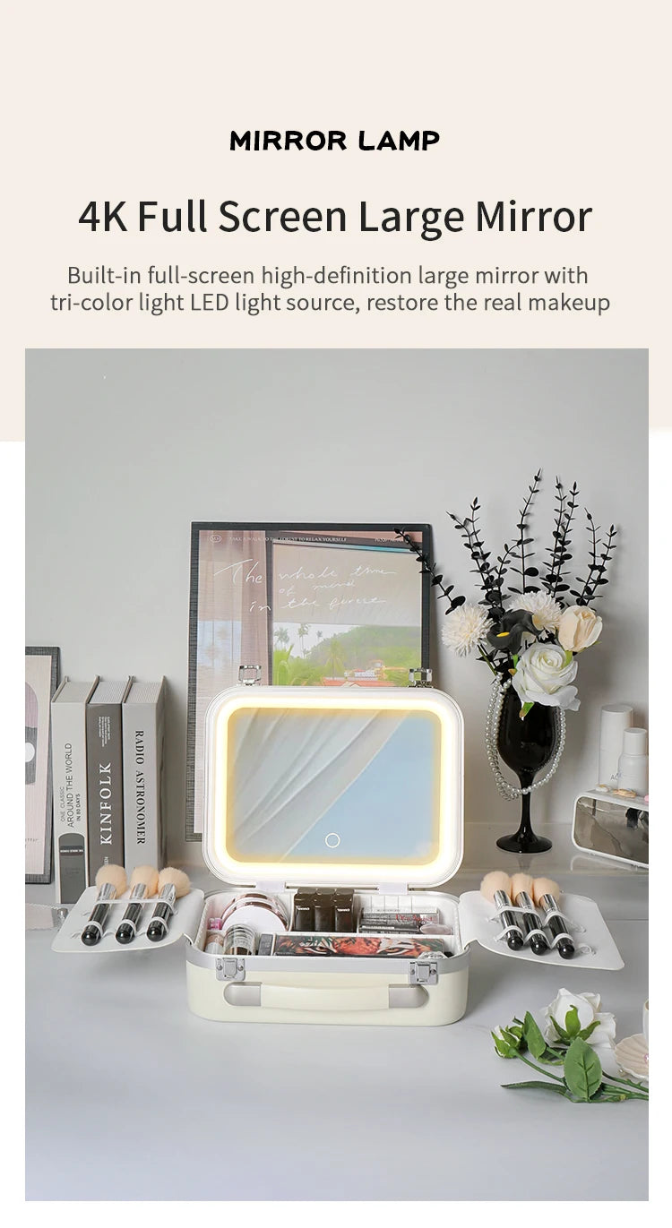 Portable Makeup Organizer Box with LED Light & Mirror – Travel-Friendly Cosmetic Train Case for Brushes box