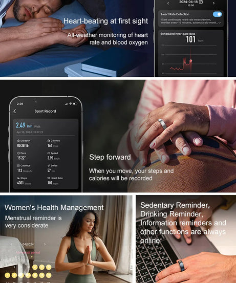 Uhoofit R10 Smart Ring with Charging Case Men Women Health Heart Rate Sleep Monitor IP68 & 5ATM Waterproof Multi-sport Mode