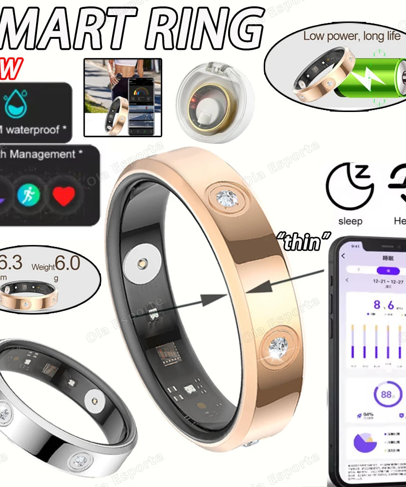 2025 Smart Ring Women Men Super narrow 6.3mm Heart Rate Health Stress measurement Monitor IP68 Waterproof Fashion Sports Rings