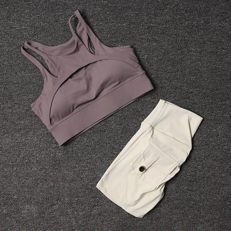 Fitness Shorts Yoga Sets Women's Tracksuit High Waist Sportswear Bra Workout Leggings Cycling Gym Shorts Sports Suit With Pocket