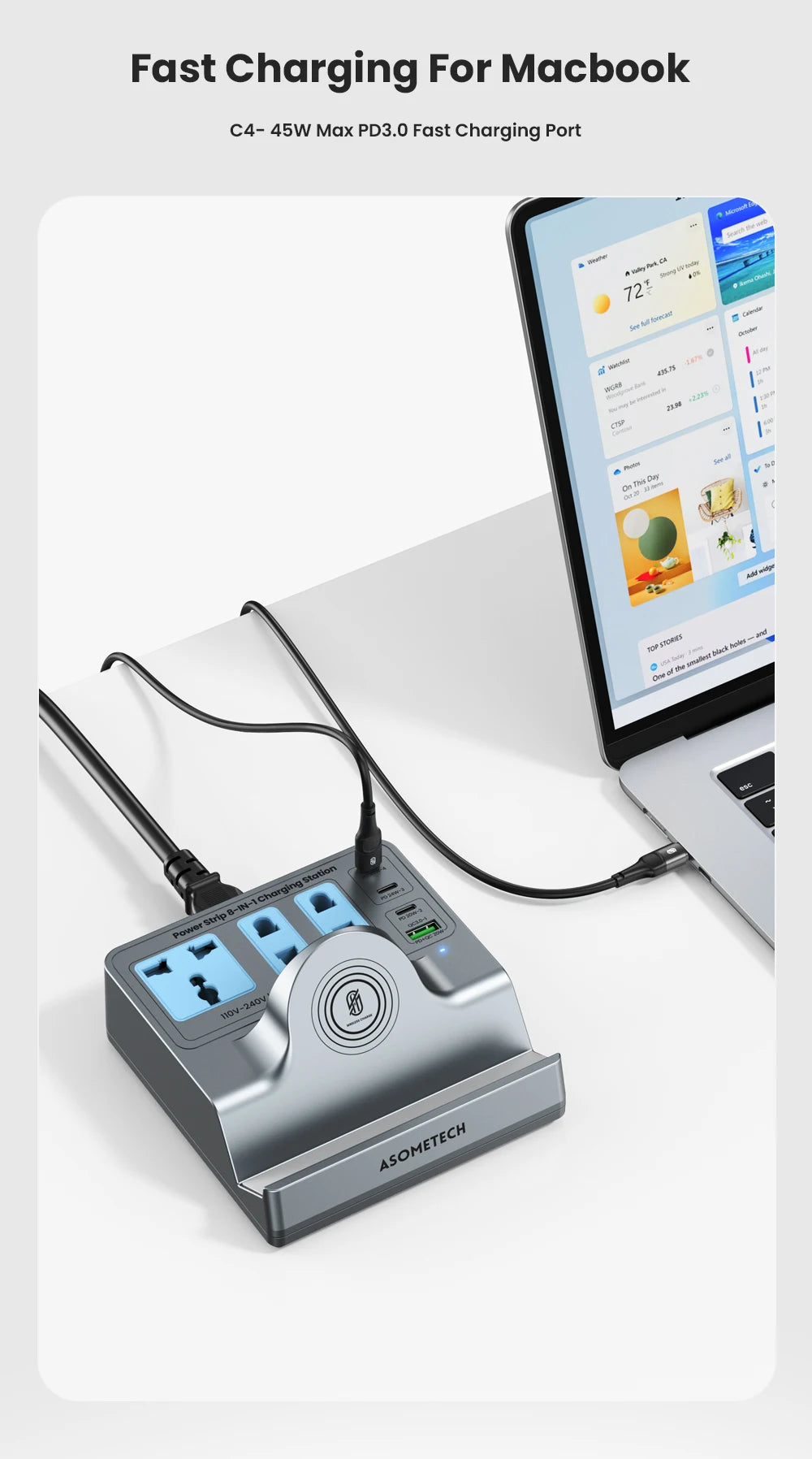 72W Fast Charging Station With Wireless Charger 3 Socket Outlets 4 USB Porst Power Strip Adapte For iPhone 14 Samsung Laptop