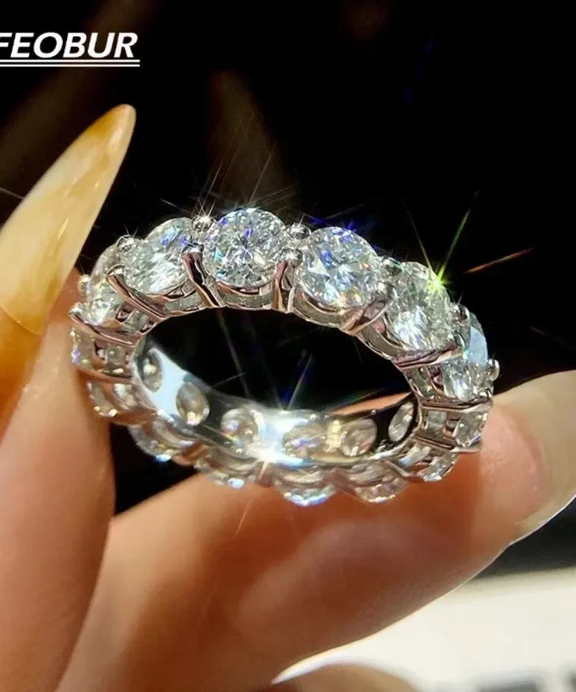 FEOBUR 7ct 5mm D Color Moissanite Ring with Certificate Women S925 Sterling Silver Full Diamond Wedding Eternity Band Jewelry