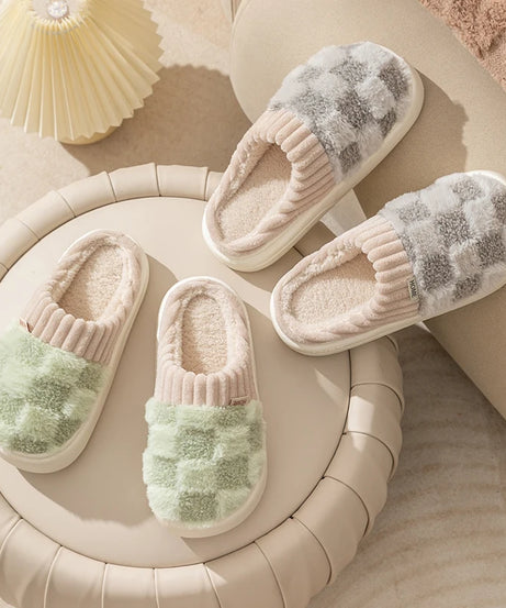 Fashion Couple Winter Toe Wrap Warm Plaid Cotton Slippers Thick Soft Sole Slides Men Women Indoor Floor Flat Home Non-slip Shoes
