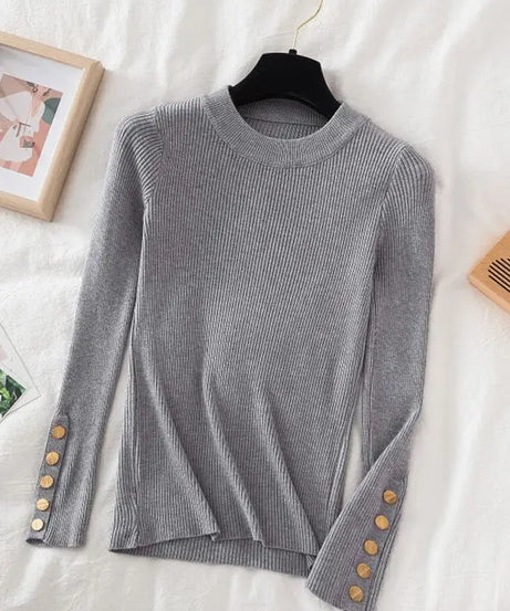 2025 women thick sweater pullovers khaki casual autumn winter button o-neck chic sweater female slim knit top soft jumper tops