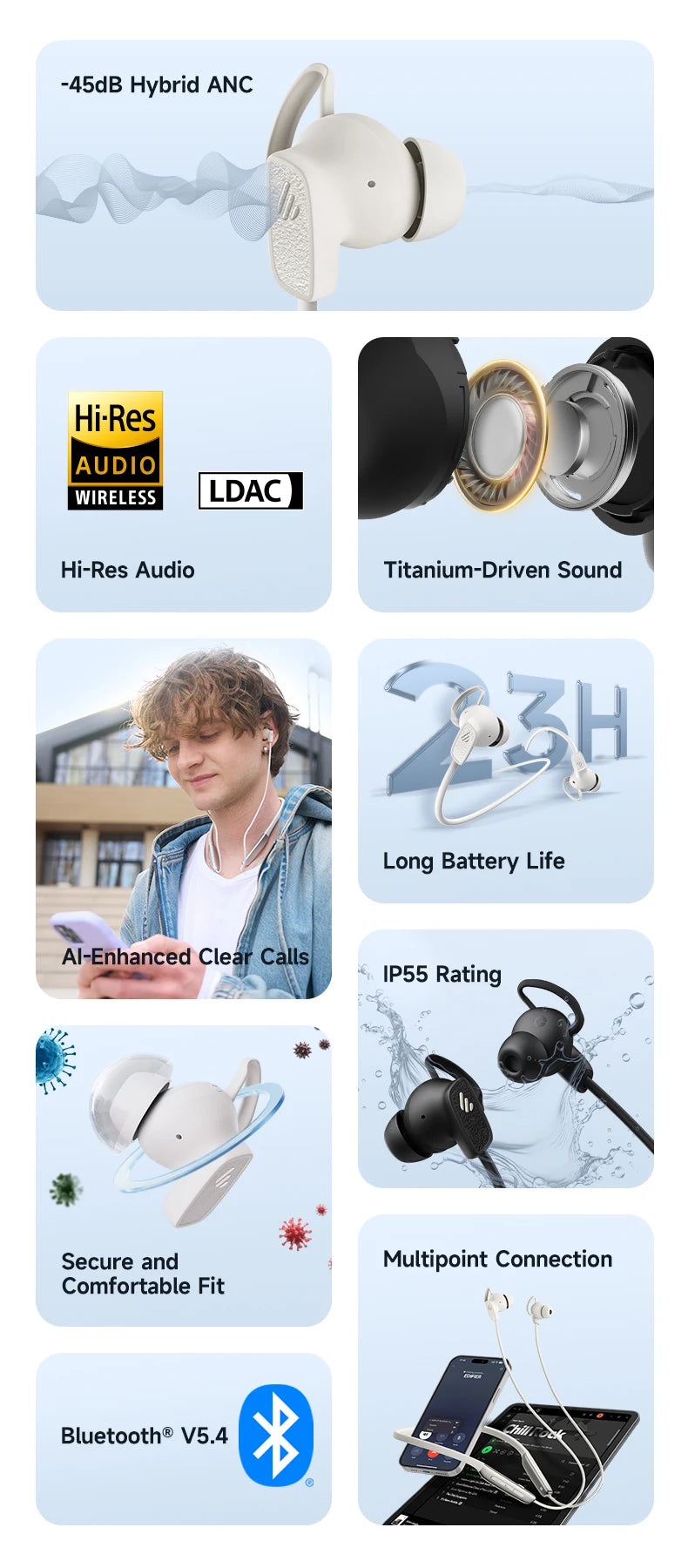 Edifier W280NB Pro Wireless Noise Cancelling Neckband Headphones Bluetooth V5.4 Hi-Res LDAC Sport Earphones IP55 Waterproof