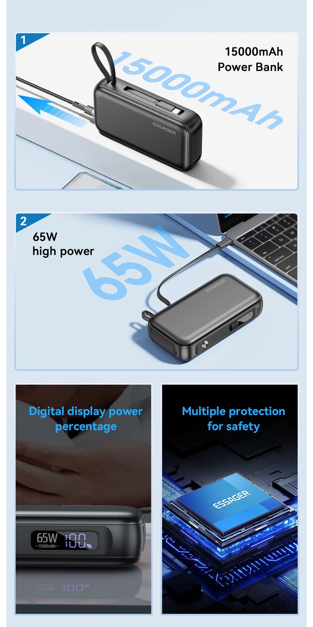 Essager Power Bank Portable 15000mAh in With USB C Cable External Spare Battery Pack for iPhone iPad Macbook 65W Fast Charger