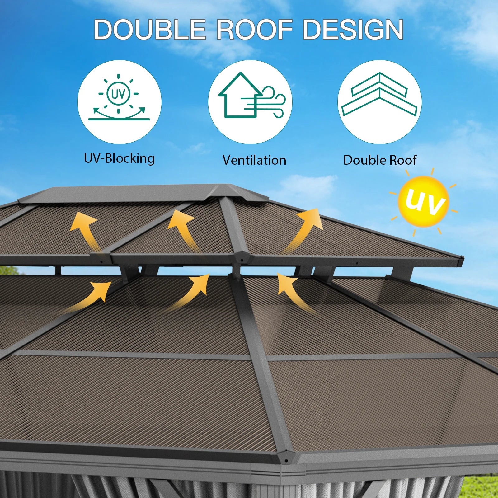 Hardtop Gazebo 10'x13',Double Polycarbonate Sheets Roof,Aluminum Alloy Frame,Net,and Curtain,for Patio Backyard Garden