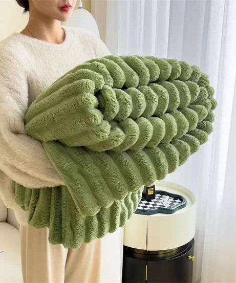 Ultra Soft Faux Rabbit Fur Throw Blanket Warm Plush Striped Blankets Conditioning Quilt Fluffy Throws for Couch Chair Sofa