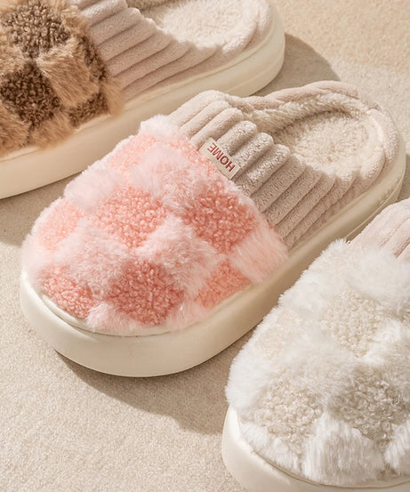 Fashion Couple Winter Toe Wrap Warm Plaid Cotton Slippers Thick Soft Sole Slides Men Women Indoor Floor Flat Home Non-slip Shoes
