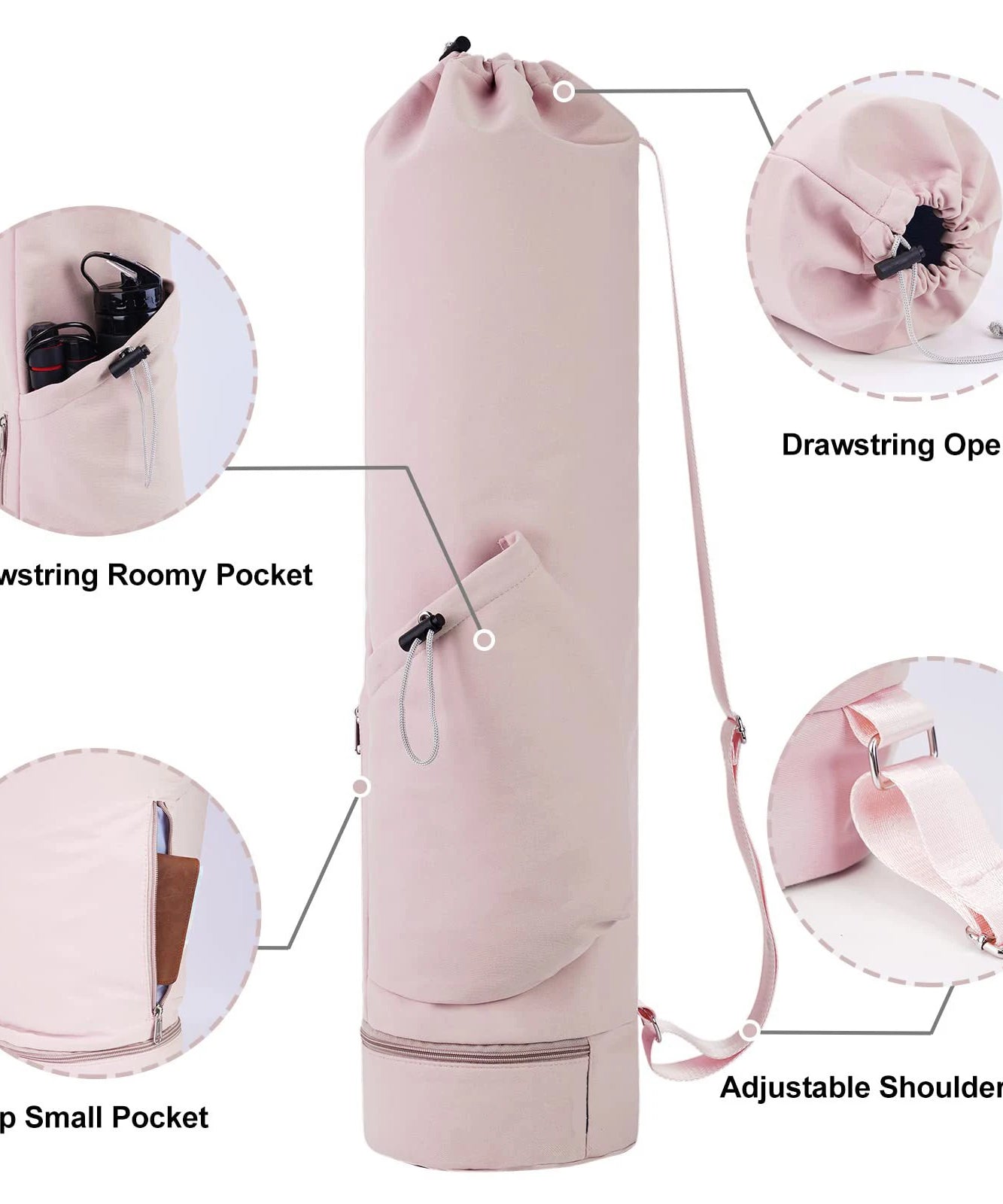 Yoga mat bag with water bottle pocket and bottom wet bag. Sports yoga mat with shoulder strap and multifunctional storage bag