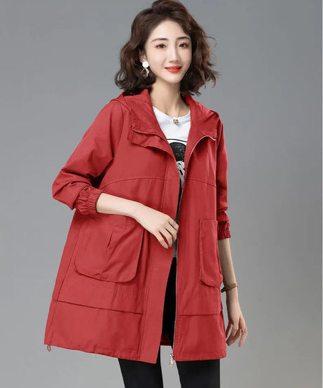 2024 Women Trench Coat With Hooded Tops Autumn New Coat Long-Sleeved Loose Mid-Length Outerwear Female Windbreaker