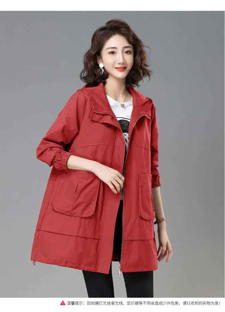 2024 Women Trench Coat With Hooded Tops Autumn New Coat Long-Sleeved Loose Mid-Length Outerwear Female Windbreaker