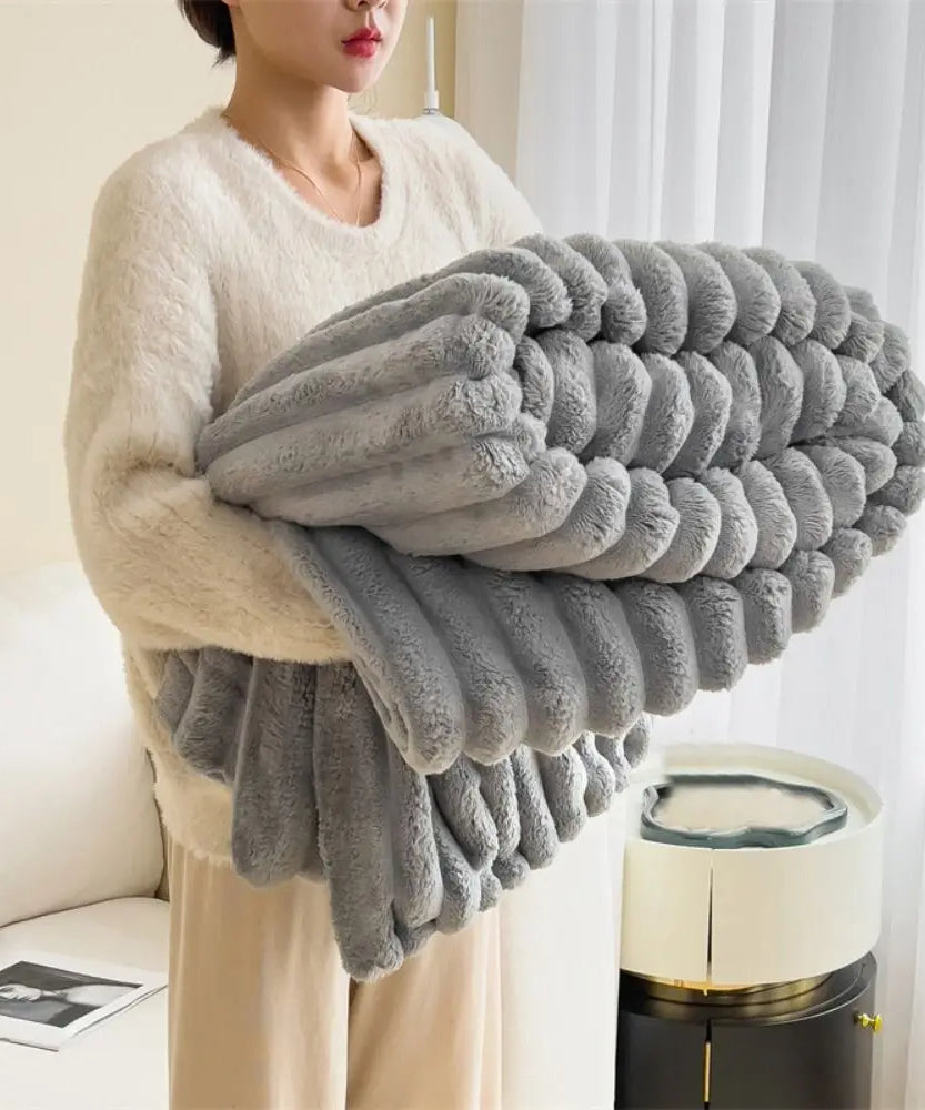 Ultra Soft Faux Rabbit Fur Throw Blanket Warm Plush Striped Blankets Conditioning Quilt Fluffy Throws for Couch Chair Sofa