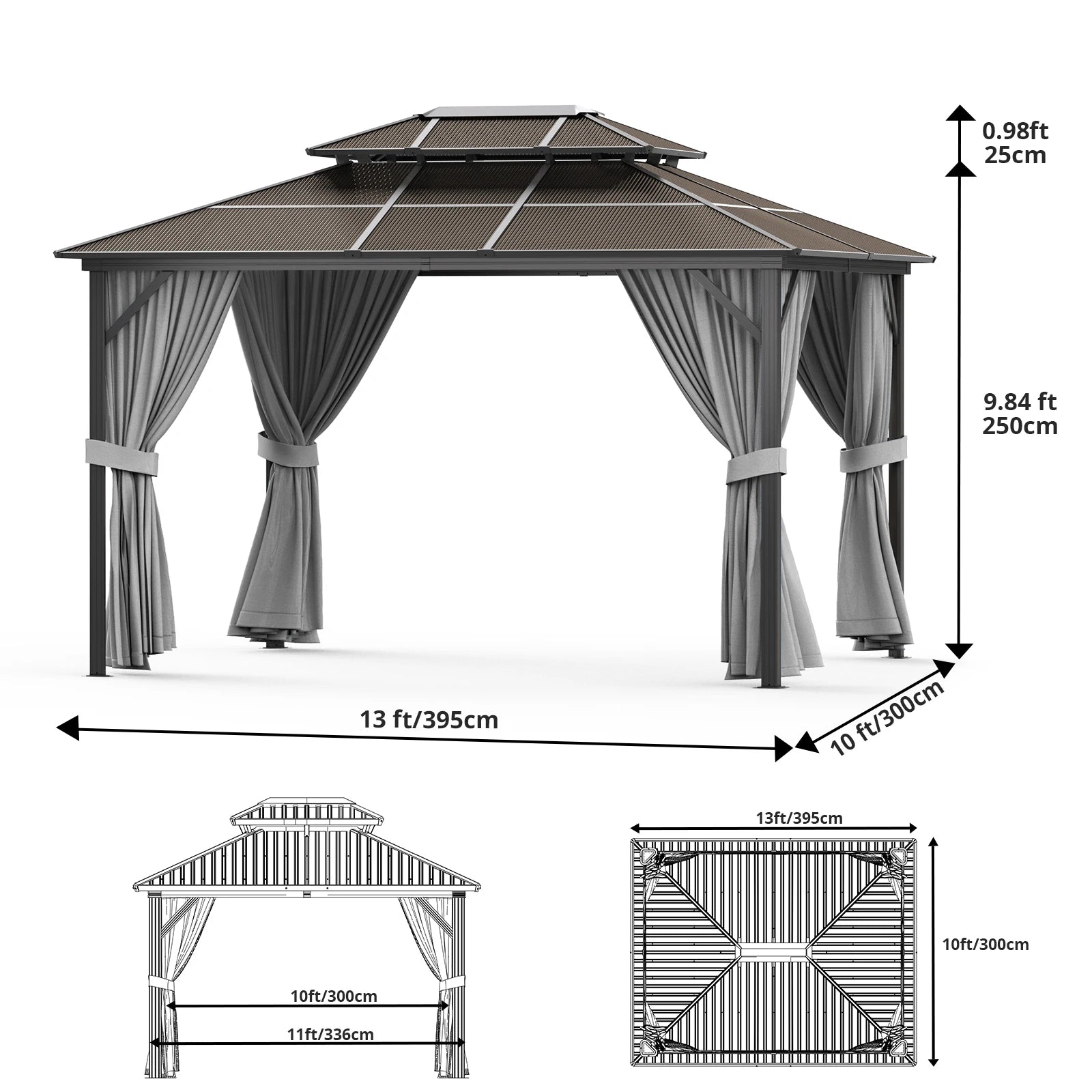 Hardtop Gazebo 10'x13',Double Polycarbonate Sheets Roof,Aluminum Alloy Frame,Net,and Curtain,for Patio Backyard Garden