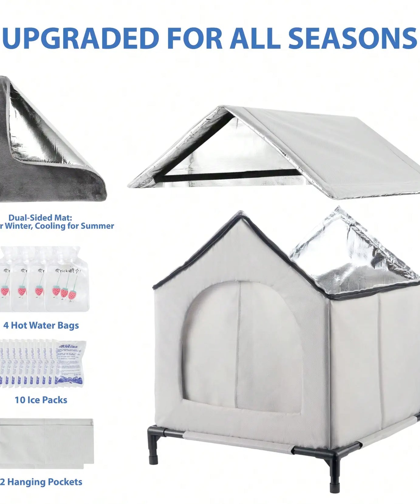All-Season Waterproof Cat House with Ice Packs & Heating Bags, Foldable Shelter for Indoor & Outdoor Use, Available in 3 Sizes