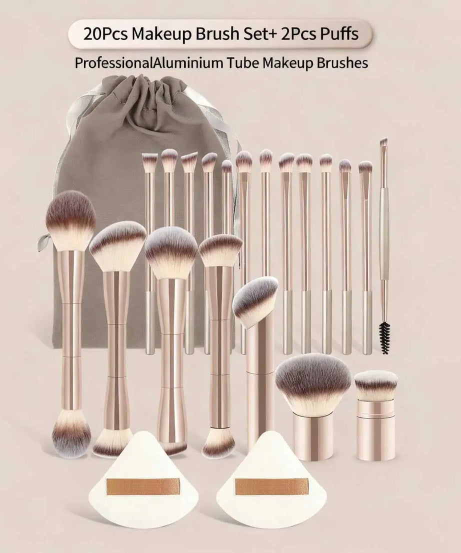 22pcs Professional Makeup Tools Set With Velvet Bag,20pcs Soft Long Aluminum Tube Makeup Brush Set+2pcs Powder Puffs Accessories