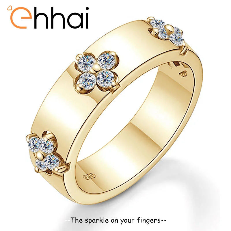 Ehhai Certified Moissanite Four-leaf Clover Wide Rings for Women Men 925 Sterling Silver Flower Bands Wedding Fine Jewelry Gifts