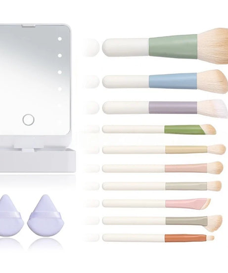 Travel Makeup Brush Set Small Portable With LED mirror and 14 pcs Makeup Brushes For Women Beauty Makeup Kit And Storage Box