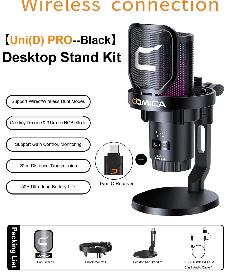 COMICA Uni Pro Wireless USB Gaming Microphone for PC Laptop Smartphone Noise Cancellation Condenser Mic with RGB Lights