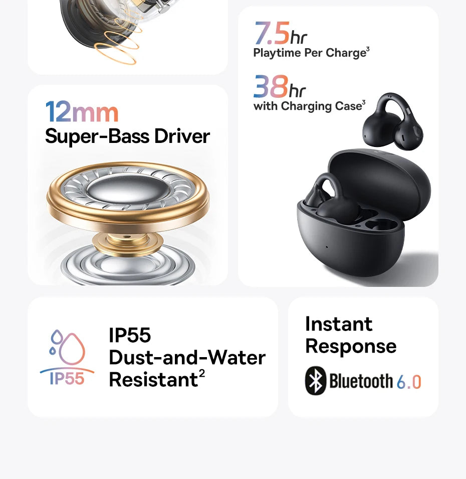 Baseus BC1 Ear Clip Earbuds Open Ear Wireless Earphones Bluetooth 6.0 Clip On Sports Headphones 4-Mics Super Bass IP55 Ear buds