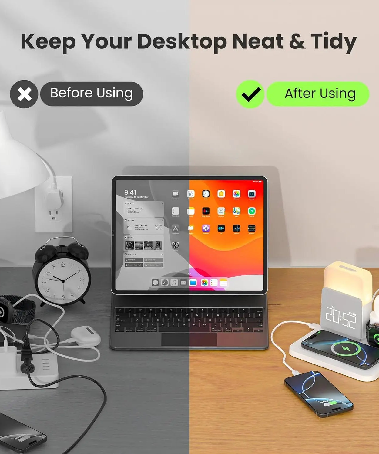 7-in-1 MagSafe Alarm Clock Charger-Wireless Station for iPhone 12-16/Samsung/Xiaomi/Huawei/Apple Watch/AirPods with Night Light