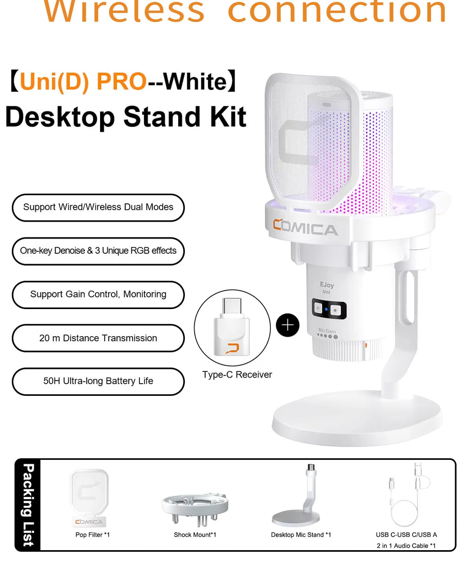 COMICA Uni Pro Wireless USB Gaming Microphone for PC Laptop Smartphone Noise Cancellation Condenser Mic with RGB Lights
