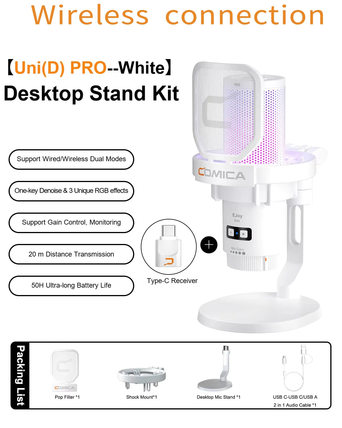 COMICA Uni Pro Wireless USB Gaming Microphone for PC Laptop Smartphone Noise Cancellation Condenser Mic with RGB Lights