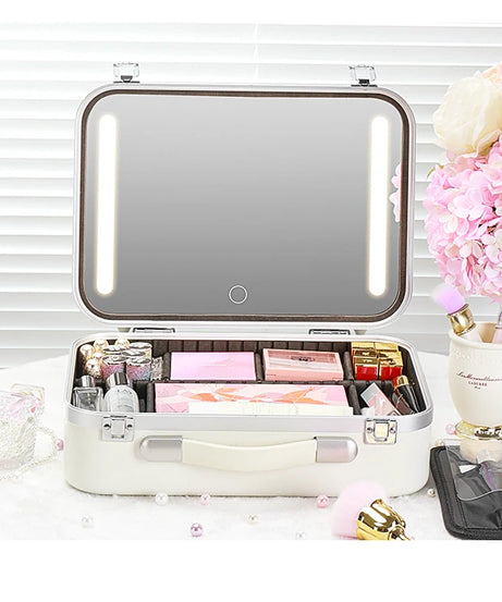 Lighted Makeup Case with Mirror - Portable Travel Makeup Organizer with LED Mirror, 3 Light Settings, Rechargeable Makeup Bag w