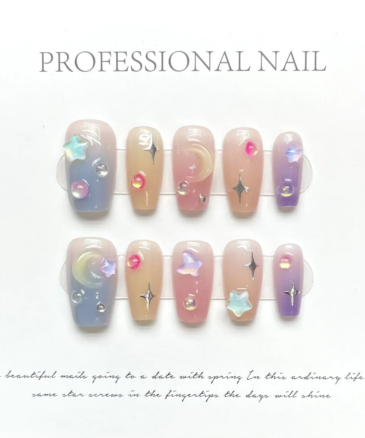 10Pcs Handmade Press on Nails Long Ballet Blue Fake Nails with 3D Ocean Moon Rhinestone Design False Nails Full Cover Nail Tips