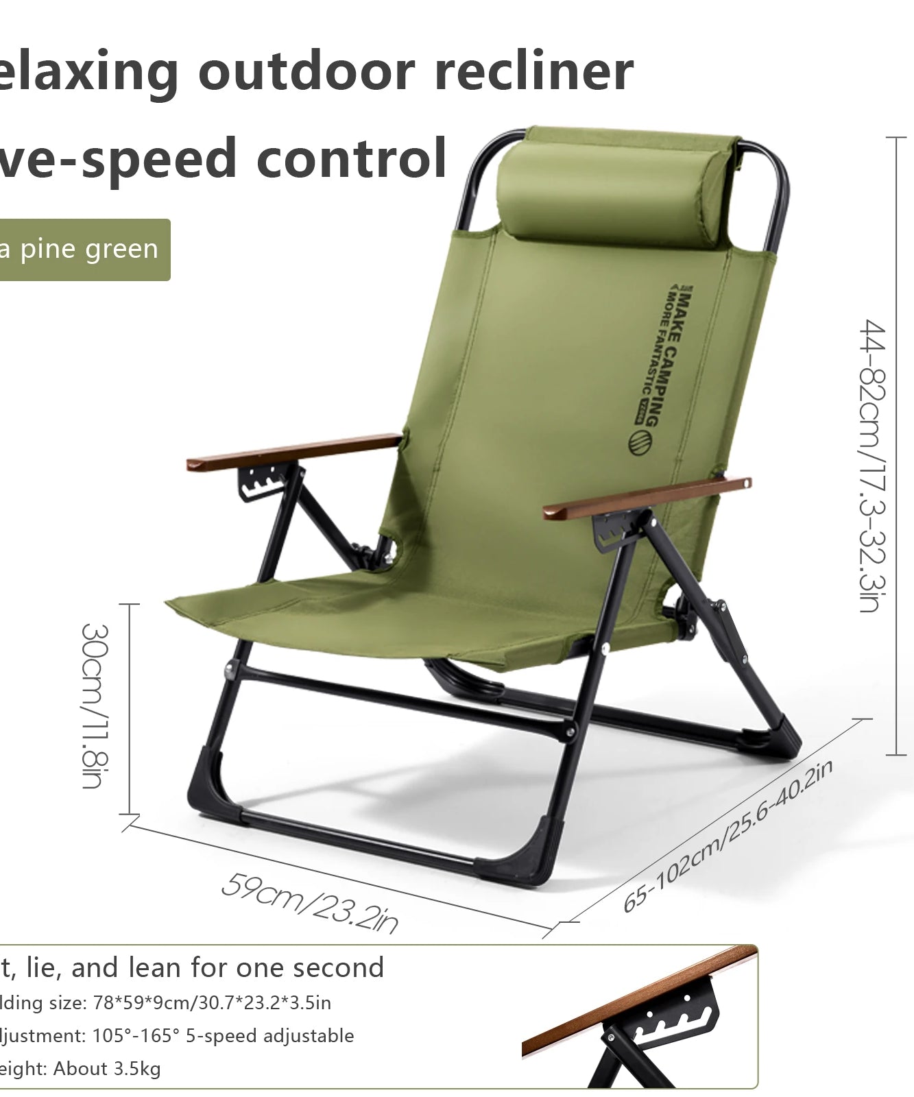 BSWOLF Camping Folding Chair Adjustable Armrest Portable Relaxing Chair With Detachable Pillow for Beach Travel Hiking