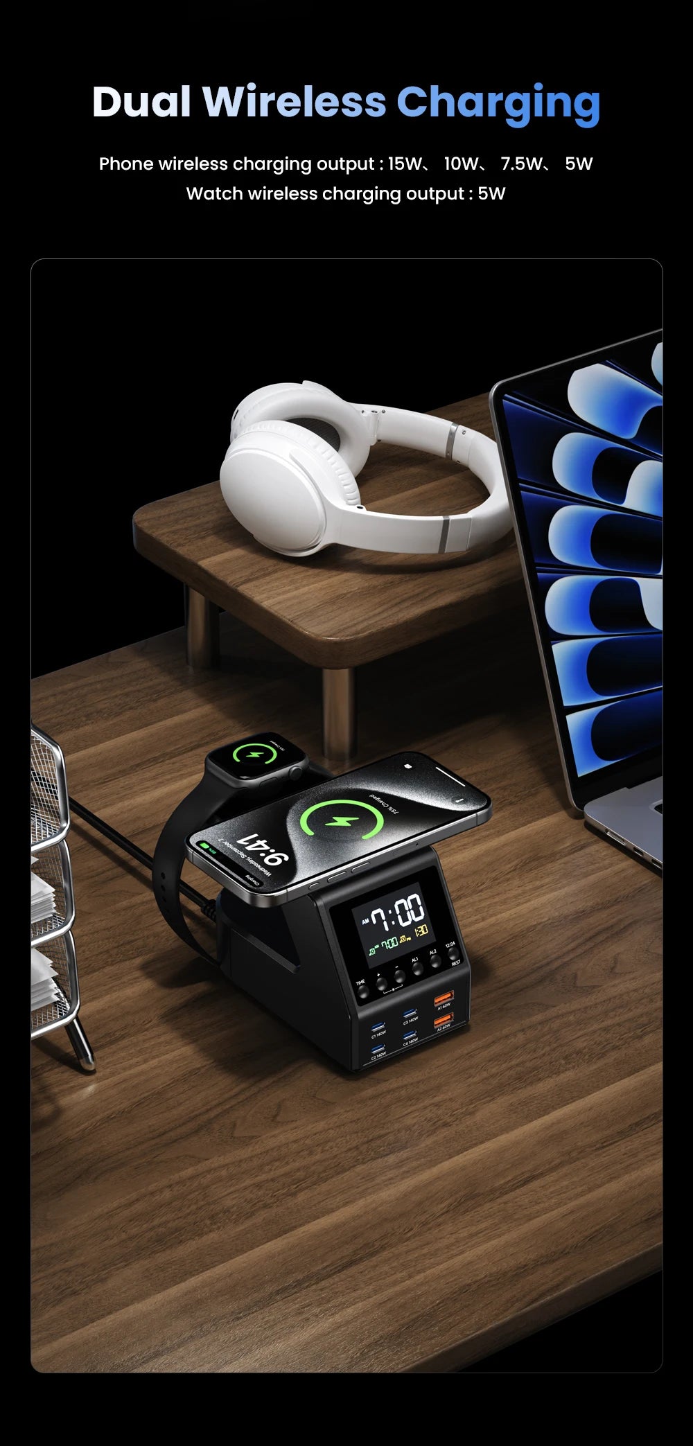 240W GaN Charger Station 4×140W PD3.1 USB Type C Wireless Fast Charger for MacBook iPad Samsung Alarm Clock Time Display