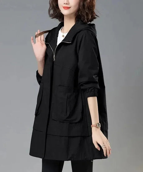 2024 Women Trench Coat With Hooded Tops Autumn New Coat Long-Sleeved Loose Mid-Length Outerwear Female Windbreaker