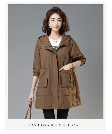 2024 Women Trench Coat With Hooded Tops Autumn New Coat Long-Sleeved Loose Mid-Length Outerwear Female Windbreaker