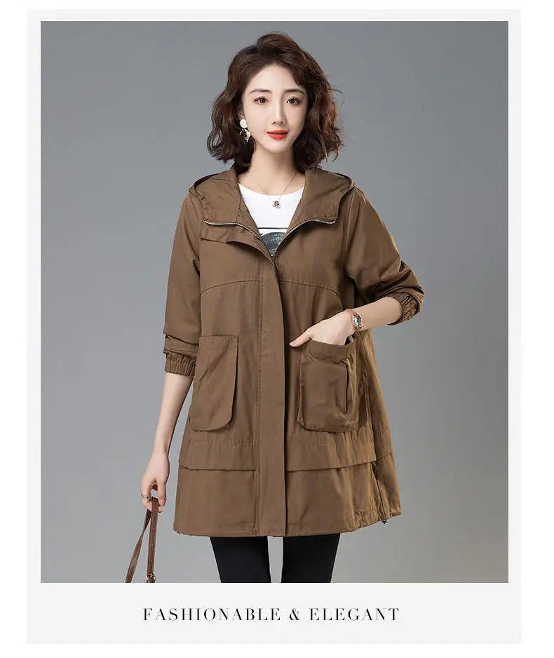 2024 Women Trench Coat With Hooded Tops Autumn New Coat Long-Sleeved Loose Mid-Length Outerwear Female Windbreaker