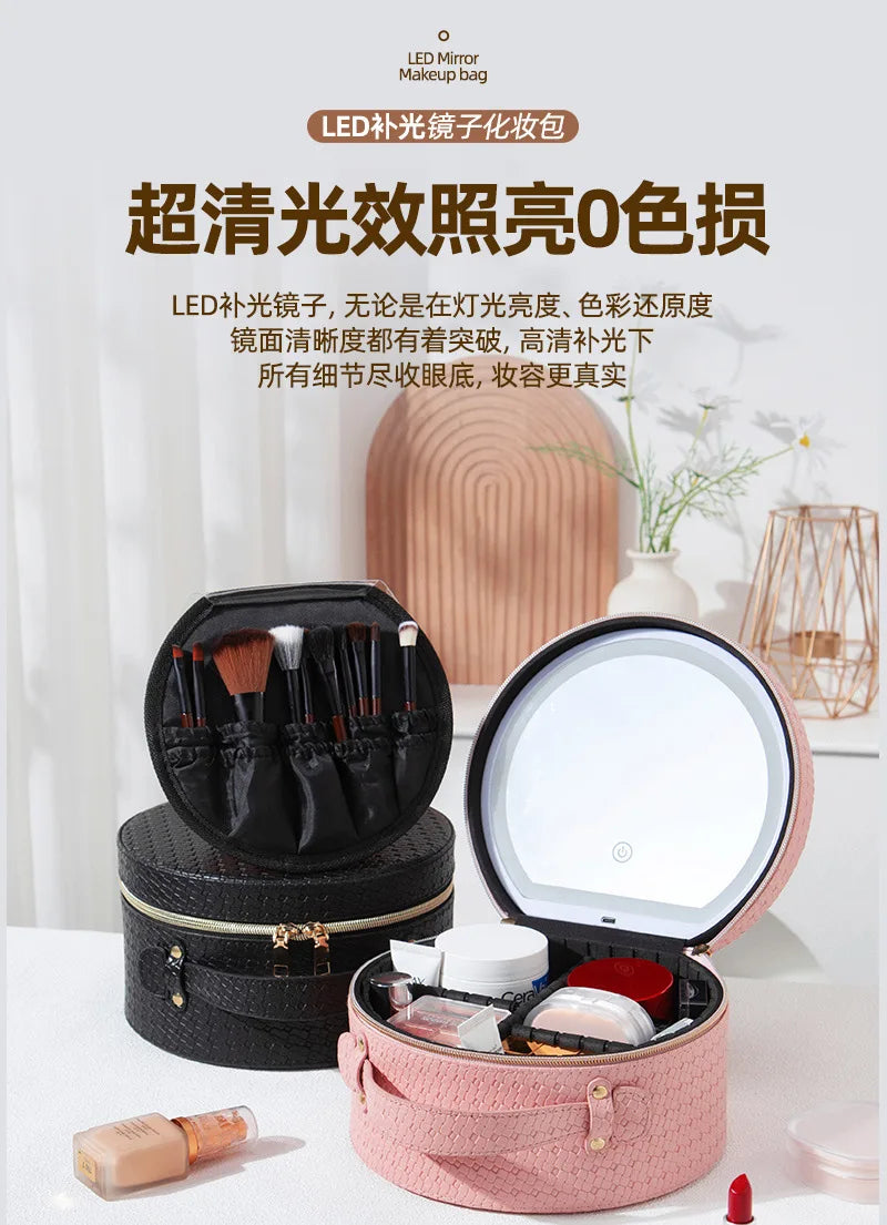 Waterproof Round Vanity Case with LED Light Mirror - Large Capacity, Portable Cosmetic Organizer Bag for Business Trips & Travel