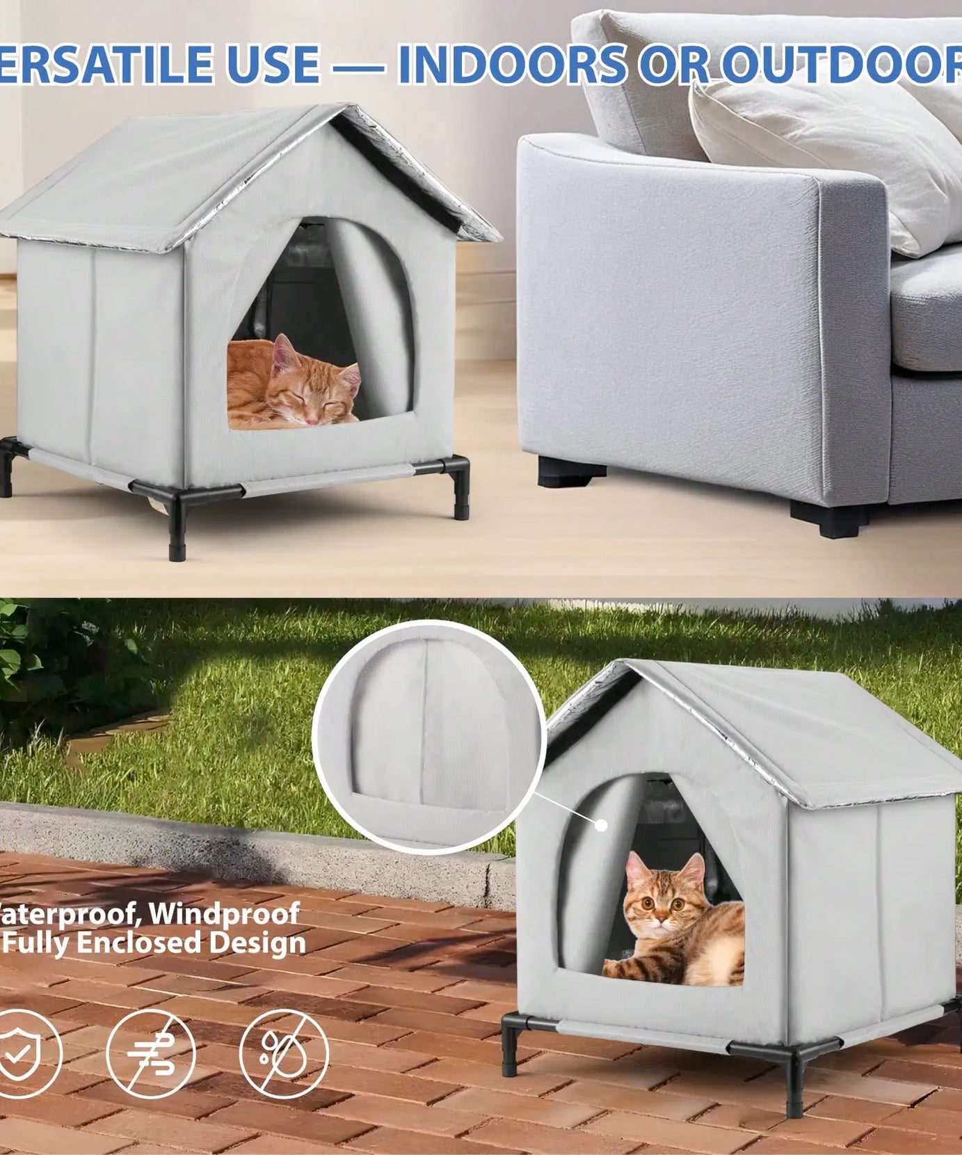 All-Season Waterproof Cat House with Ice Packs & Heating Bags, Foldable Shelter for Indoor & Outdoor Use, Available in 3 Sizes