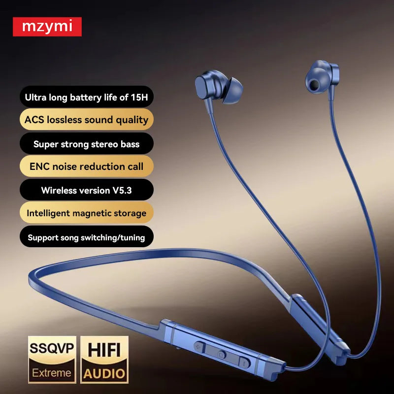 MZYMI BS09 Neckband Earbuds Wireless Bluetooth5.3 Noise Reduction Headphones HiFi Stereo Earphones Waterproof Headset With Mic