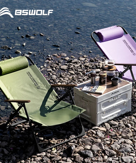 BSWOLF Camping Folding Chair Adjustable Armrest Portable Relaxing Chair With Detachable Pillow for Beach Travel Hiking