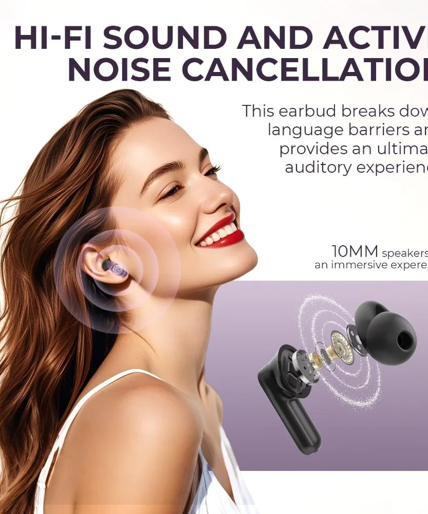 Real Time Translators Headphones with Touch Screen 144 Languages Translation Bluetooth 5.4 Earbuds Noise Cancelling Headset