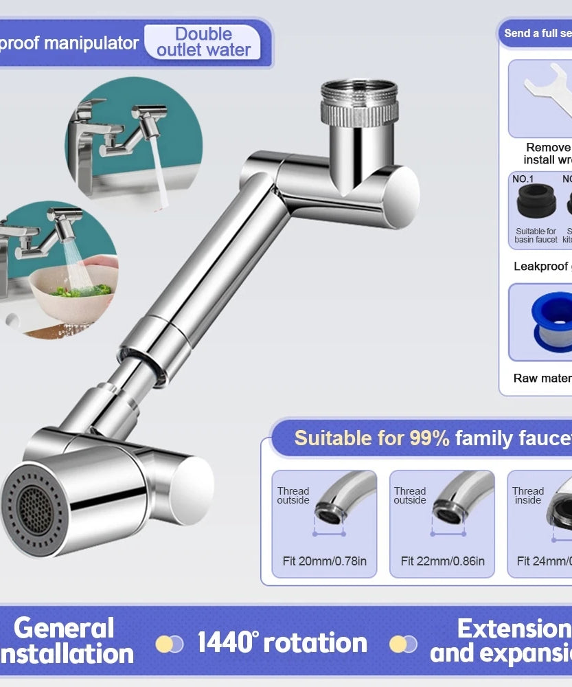 1440° Rotatable Scalable Metal Faucet Bathroom Tap Splash-proof Bubbler Kitchen Faucet Filter Nozzle Tap Saving Water Extender